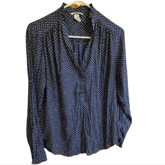 H&M Tops - H&M Navy Blue Polka Dotted Frilled Sheer Blouse, Size 8